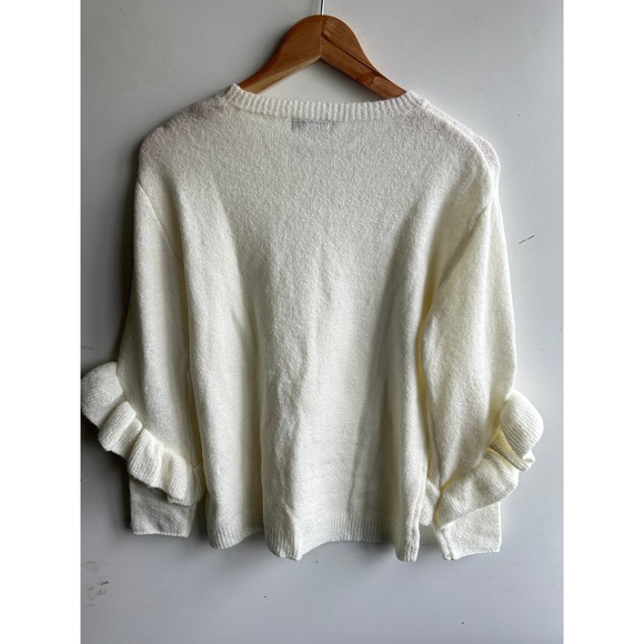 Nicole Miller Studio Knit Sweater Cream Crew Neck Ruffle Sleeve XL Coquette Chic - Picture 8 of 11